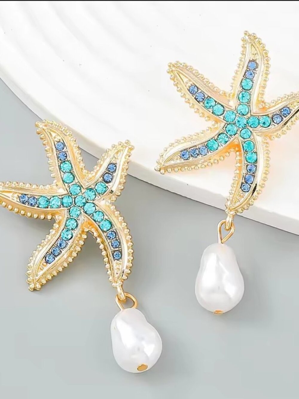 Gold Starfish Drop Earrings Blue Rhinestone Pearl Dangle Beach Statement Jewelry